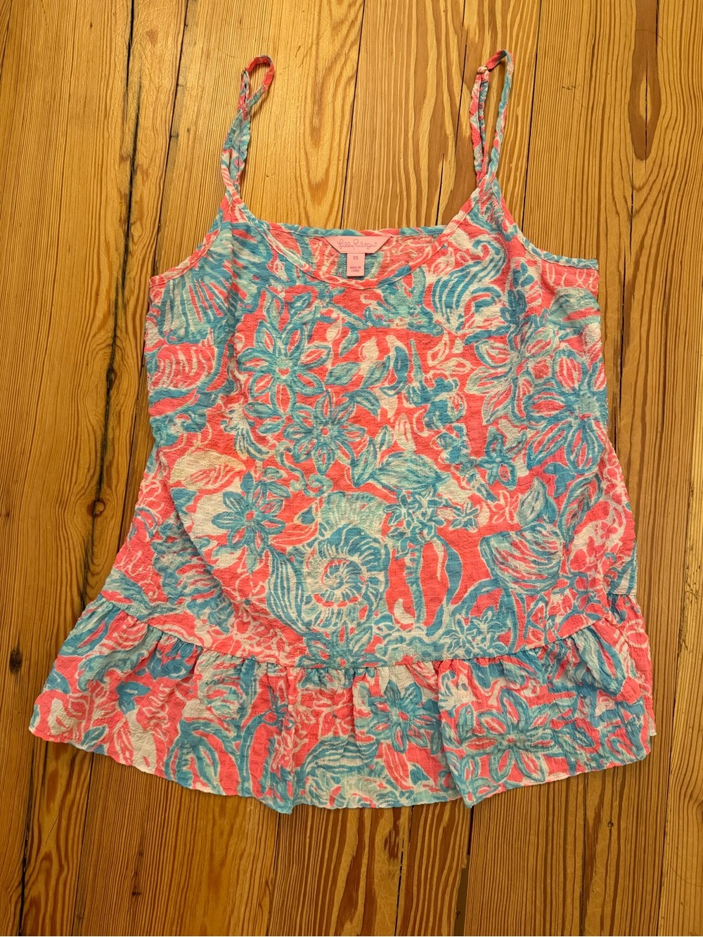 Lilly Pulitzer Coral Pink & Aqua Blue Floral Ruffle Tank